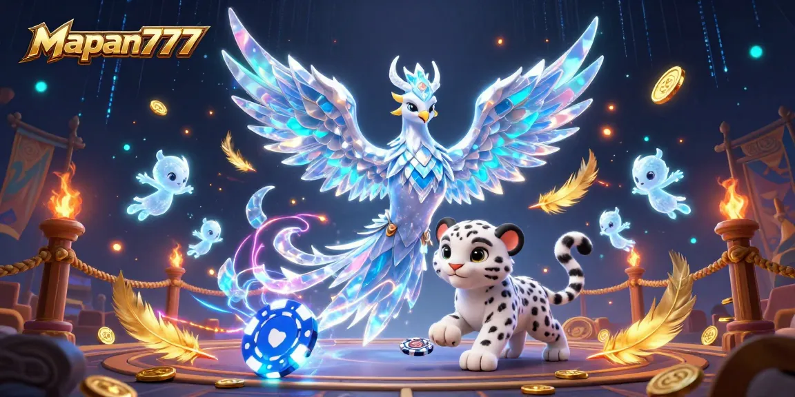 Experience thrilling gameplay at Mapan777 with a vibrant 3D casino scene of a phoenix and leopard cub.