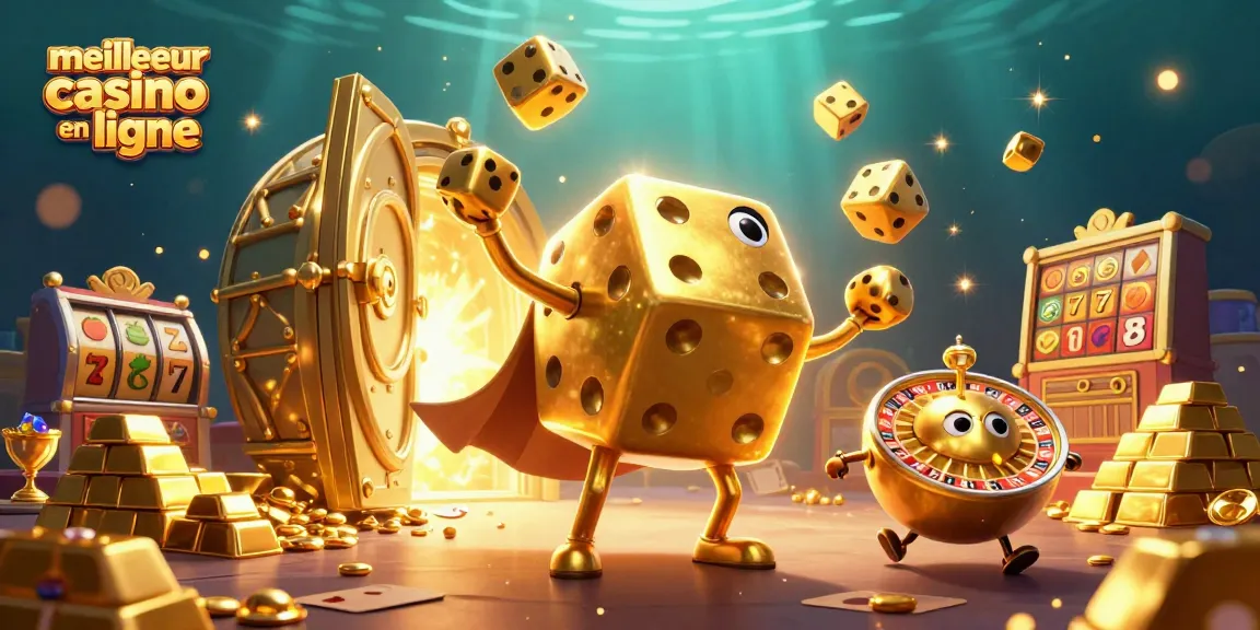 Le meilleur casino en ligne: une illustration animée captivante avec des dés dorés et des accessoires de jeu.