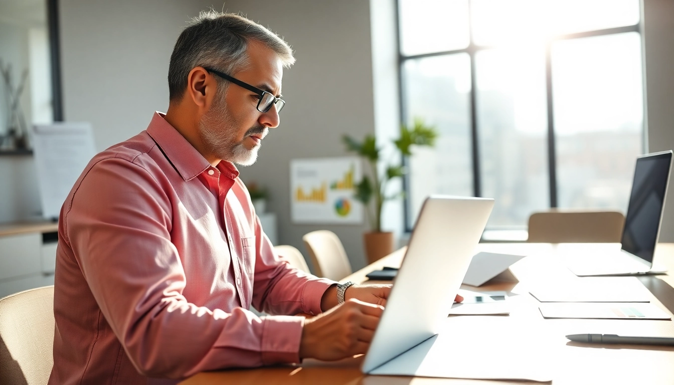 Consultant reviewing Registration and certification in Federal databases on laptop in a modern office.