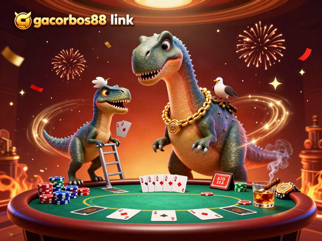 Win big with gacorbos88 link at a whimsical casino scene featuring animated dinosaurs.