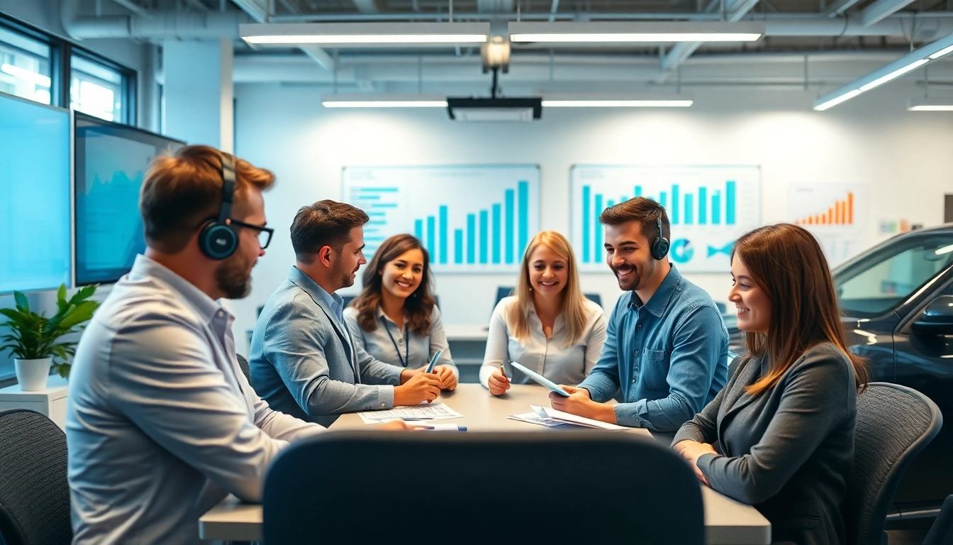 Engaging image showcasing a vehicle service contract provider team discussing services in a professional setting.