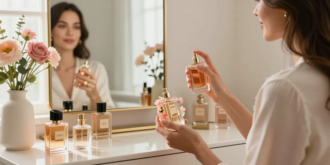 Best Perfumes for Women displayed on a chic vanity, elegant woman spritzing fragrance showcasing luxury and femininity.
