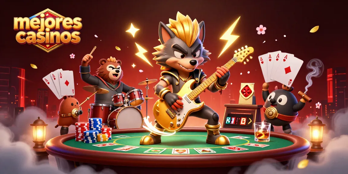Disfruta de los mejores casinos con una ilustración vibrante de un lobo roquero tocando la guitarra en un escenario de casino.