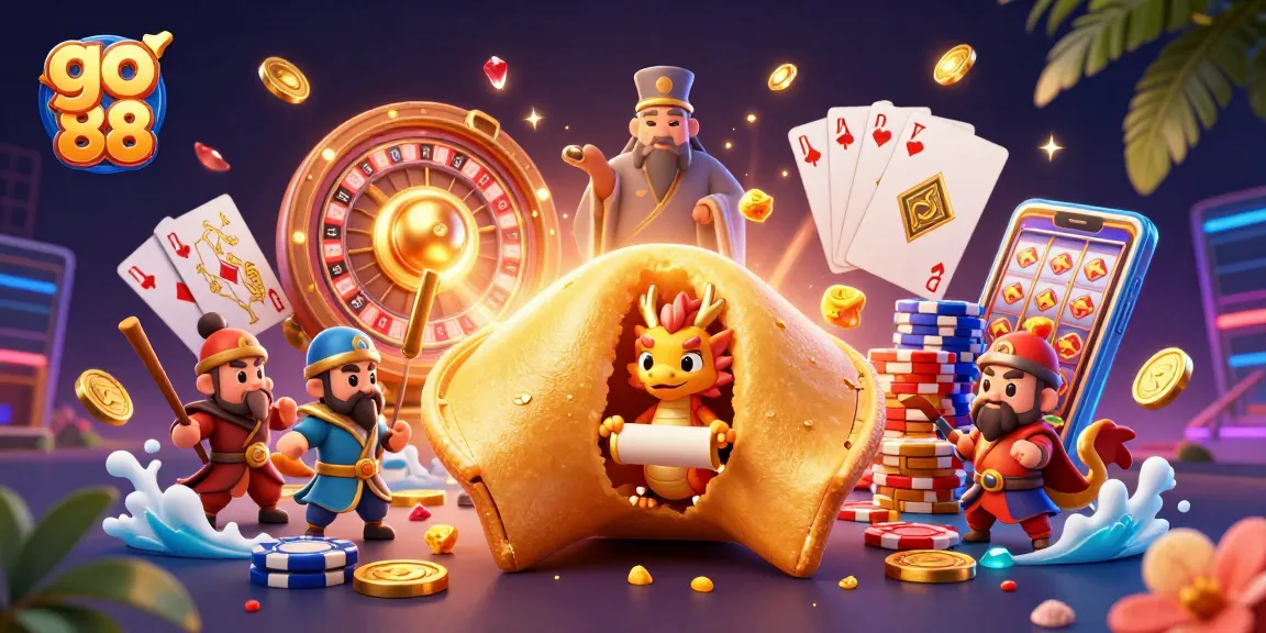 Experience luck with go 88 in a vibrant casino scene featuring golden treasures and animated characters.