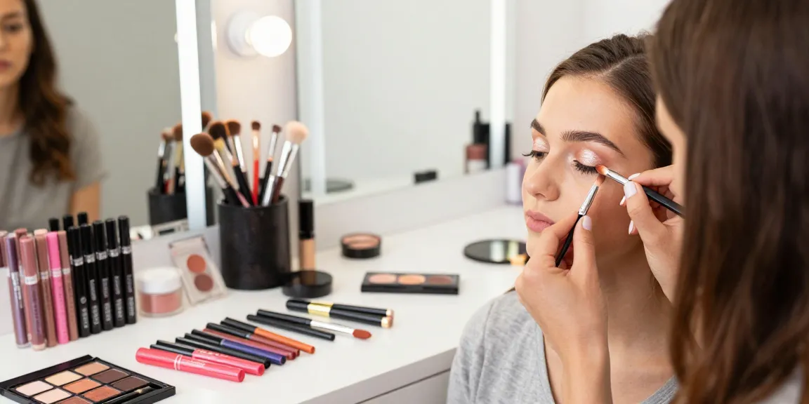 Champagne eyeshadow application in a beauty studio with vibrant colors and natural lighting.