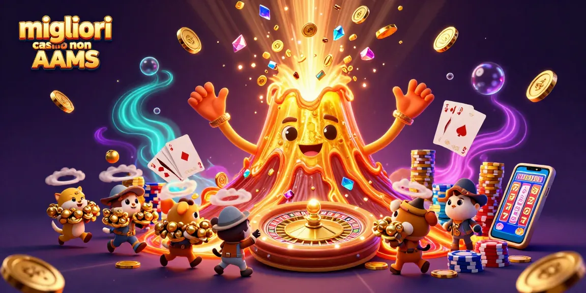 Immagine di un vulcano d'oro che erutta monete e gemme nel campo dei migliori casino non AAMS con animali esploratori.