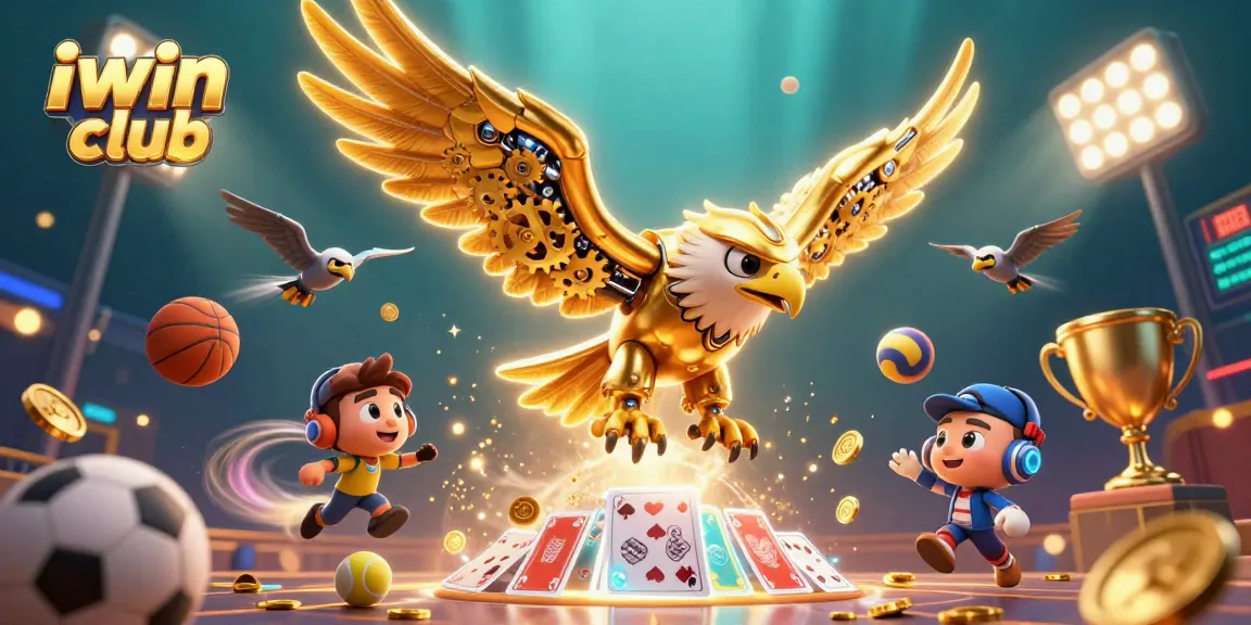 The iwin club showcases an exciting 3D illustration featuring a cybernetic eagle diving through holographic cards and sports elements.