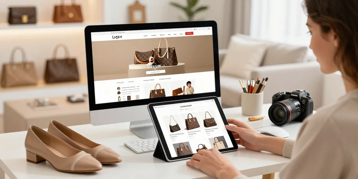 A customer browsing luxury 레플리카 items online, surrounded by stylish lifestyle products in a cozy shopping environment.