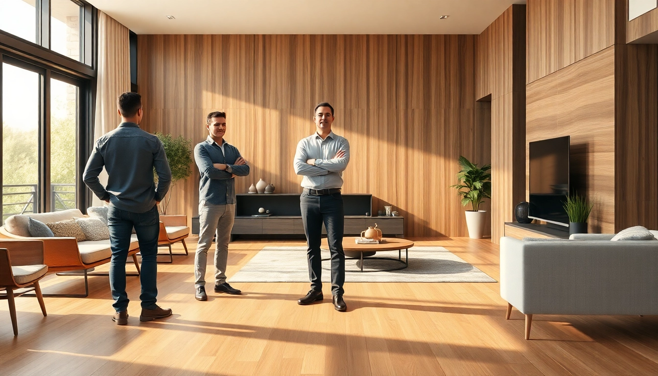 Residential architects for home renovation discussing design ideas in a beautifully staged living room.