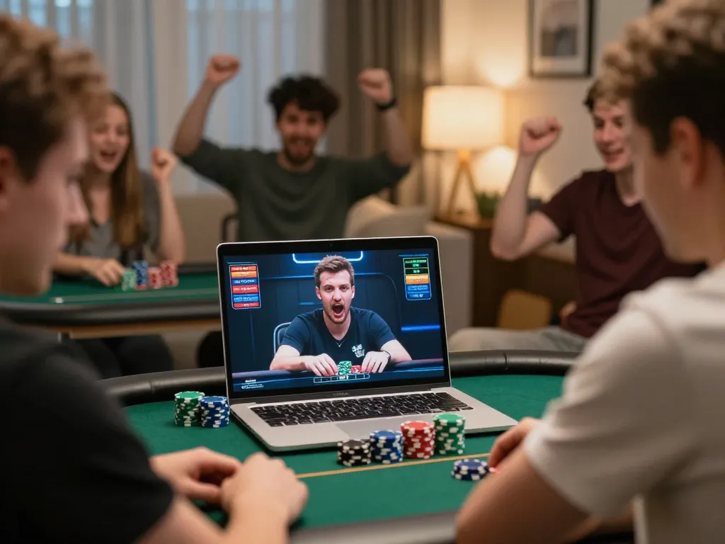Player winning at poker while enjoying online gaming on 888top laptop, showcasing strategy and excitement