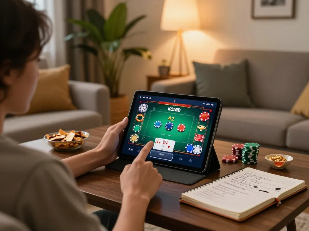 KOINID user enjoying seamless online poker gaming experience with tablet and snacks