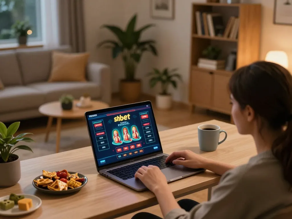 Engaging in online gambling at home with shbet interface on screen and cozy setup