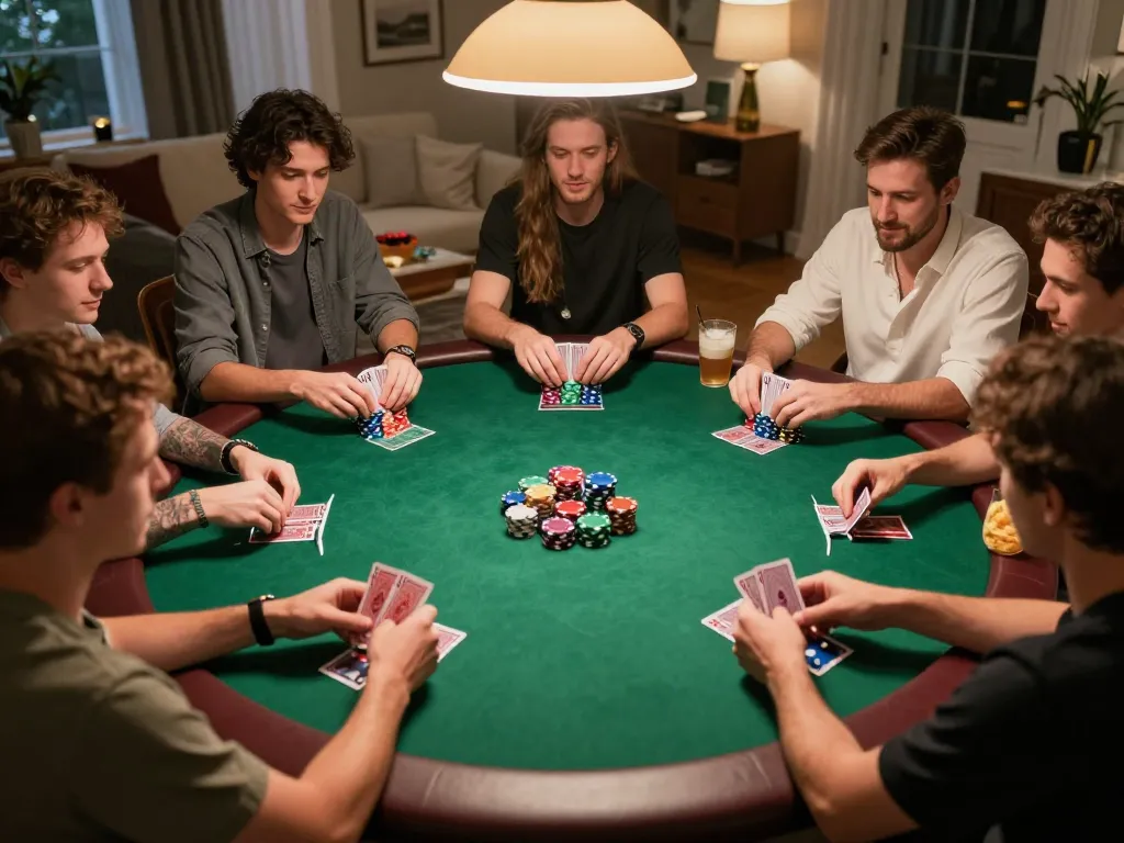 Players enjoy a thrilling poker night at home, showcasing their skills with 789winii unofficial poker deck
