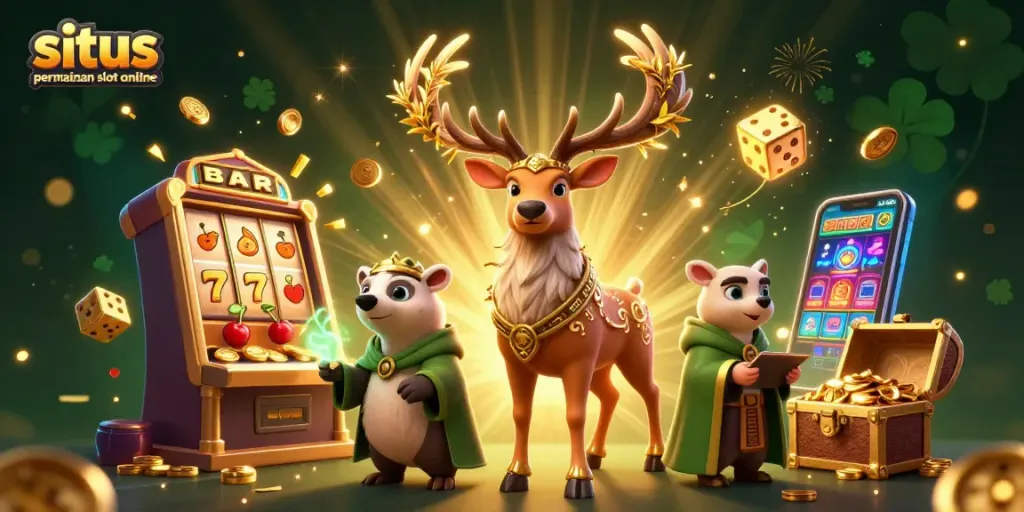 Menang di situs permainan slot online dengan simbol jackpot dan mesin slot penuh koin bersinar.