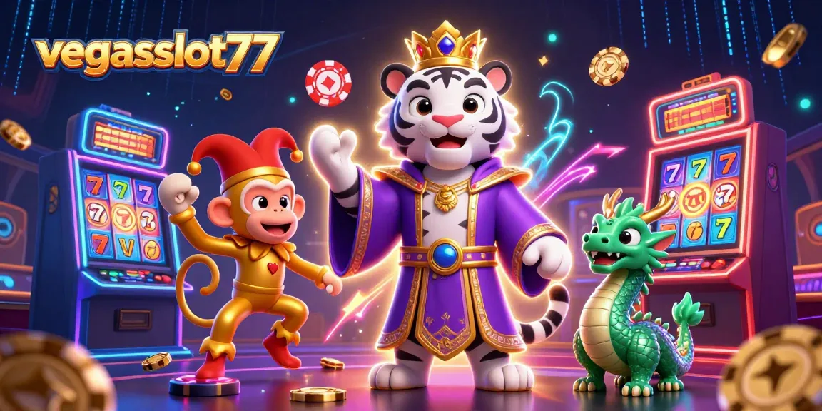 Engage with vegaslot77 and spin vibrant slot reels with a captivating white tiger, monkey, and dragon in a rich gaming scene.