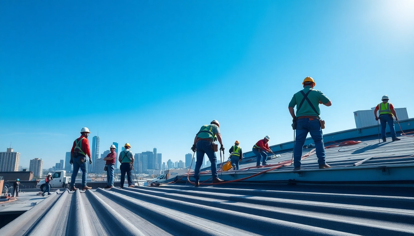 Workers diligently installing commercial roofing services on a flat roof in an urban setting.