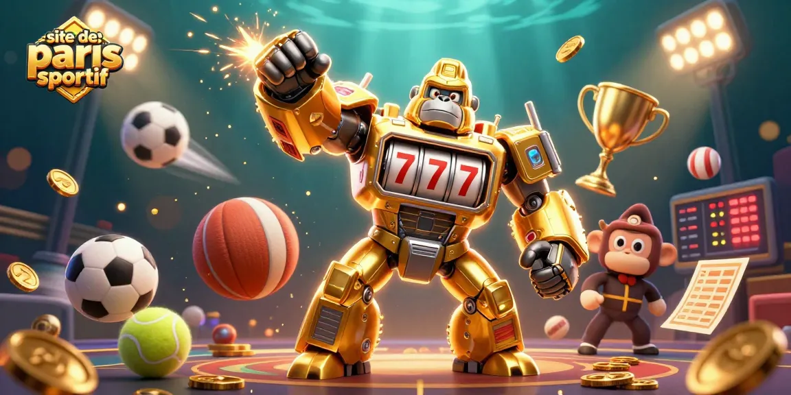 Visualisez un site de paris sportif dynamique avec un gorille mech et des ballons de sport.