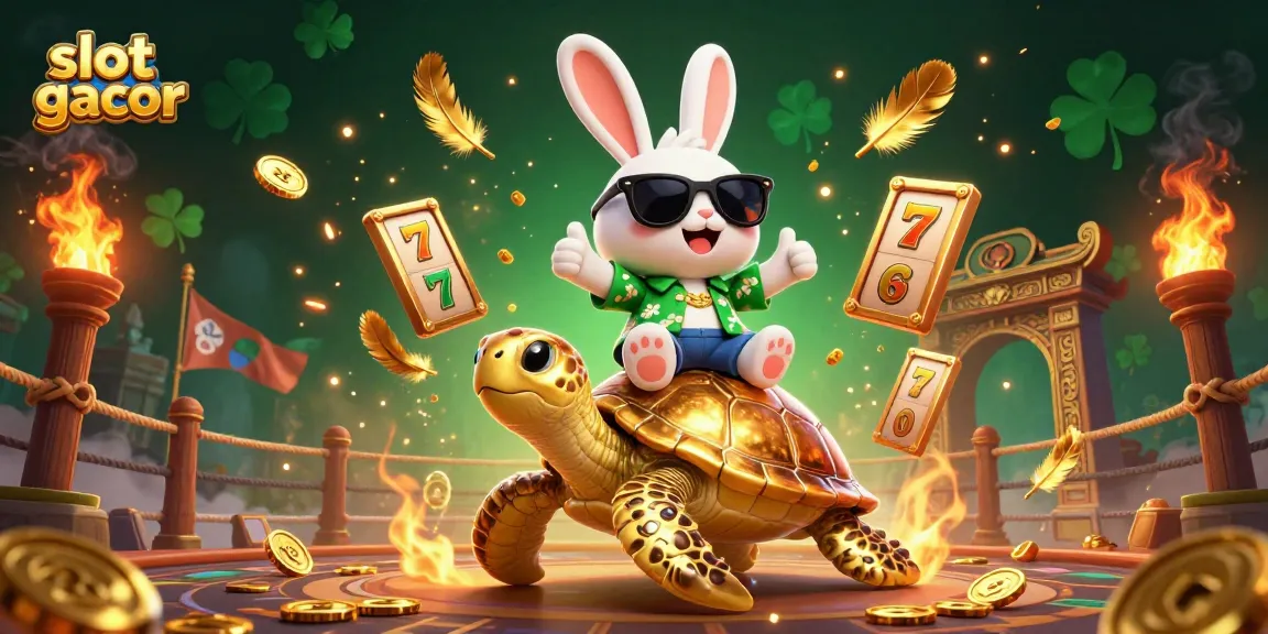 Engage with slot gacor as a lucky rabbit rides a golden turtle through a vibrant casino scene.