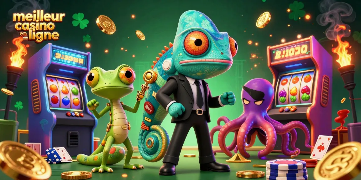 Représentation dynamique d'un caméléon agent secret et d'un gecko tech avec "meilleur casino en ligne".