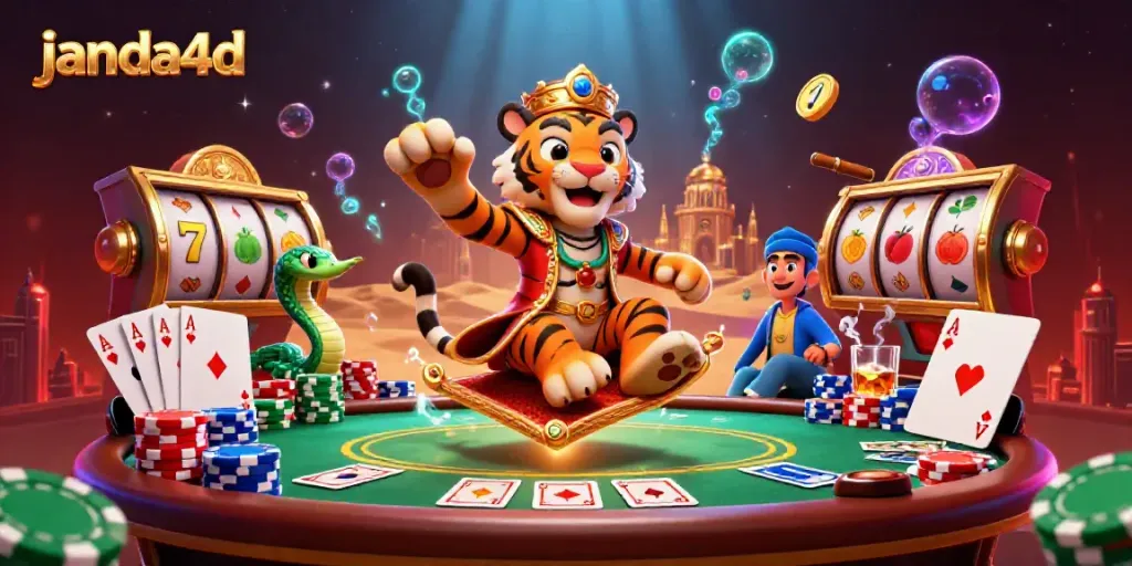 Persembahan permainan slot janda4d dengan sultan harimau dan genie, dikelilingi elemen perjudian.