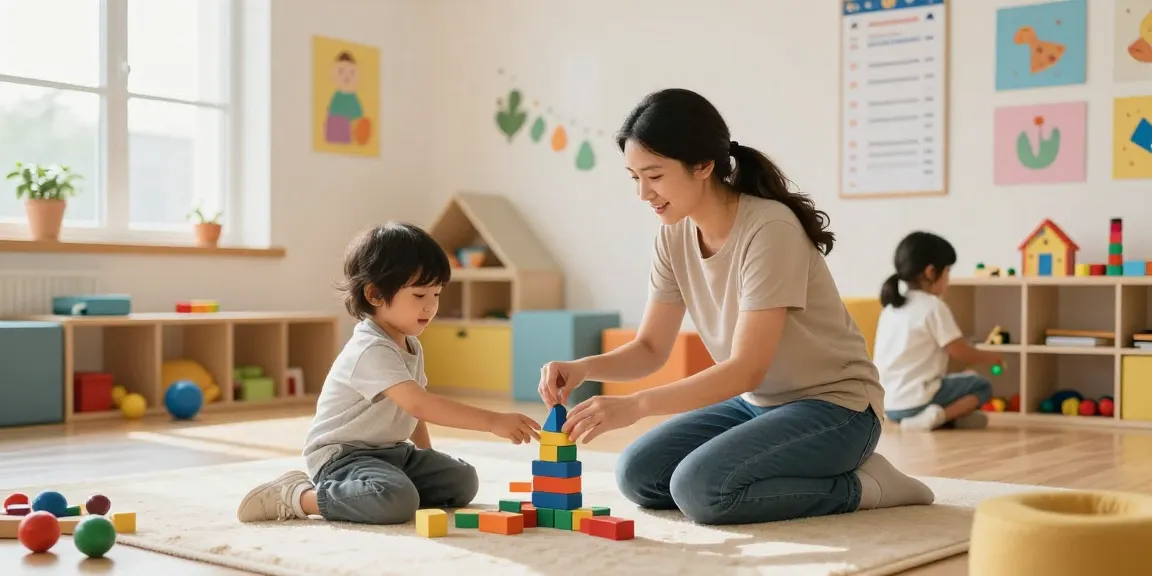 Child participating in occupational therapy with therapist, focusing on developmental skills and sensory integration in a supportive environment.