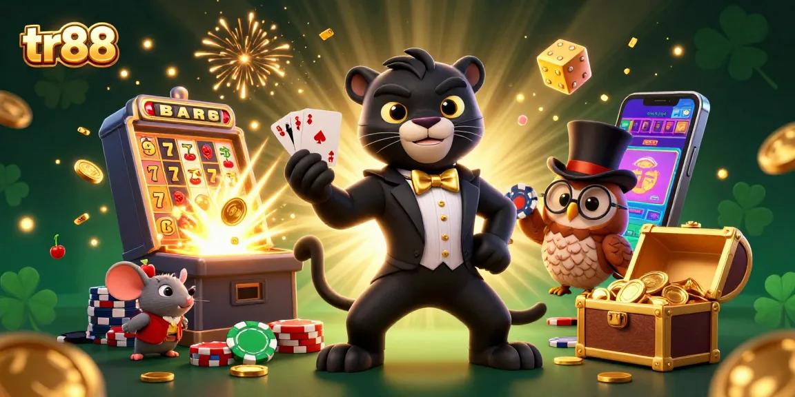 tr88 slots scene with a stylish black panther, poker owl, and lucky mouse amidst jackpot symbols.