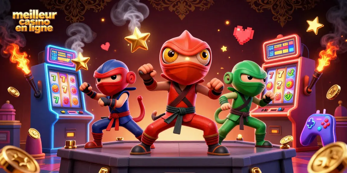 Visualisez le meilleur casino en ligne avec des caméléons ninja et des machines à sous colorées.