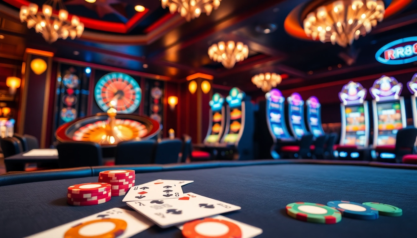 Experience the excitement of RR88 with an elegant casino scene featuring poker, roulette, and vibrant slot machines.