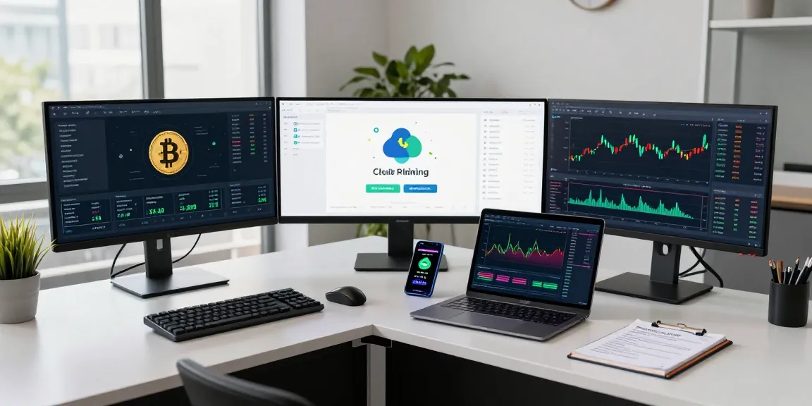 Safe cloud mining service showcased in a modern crypto trading workspace with multiple monitors and digital wallet interface.