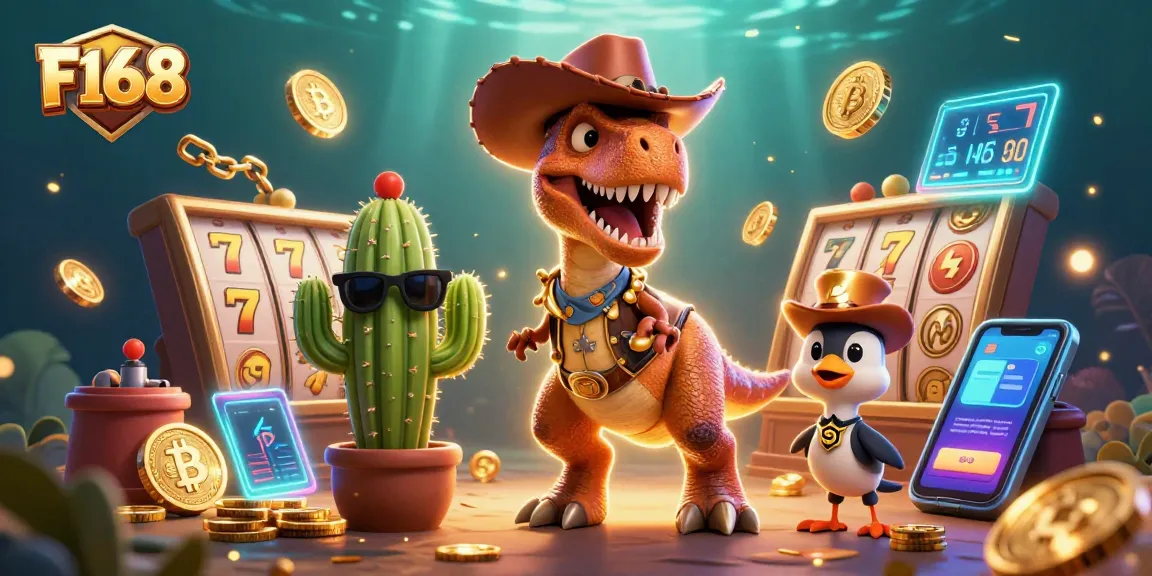 Experience the thrill at F168 with T-Rex and friends enjoying a vibrant slot game adventure.