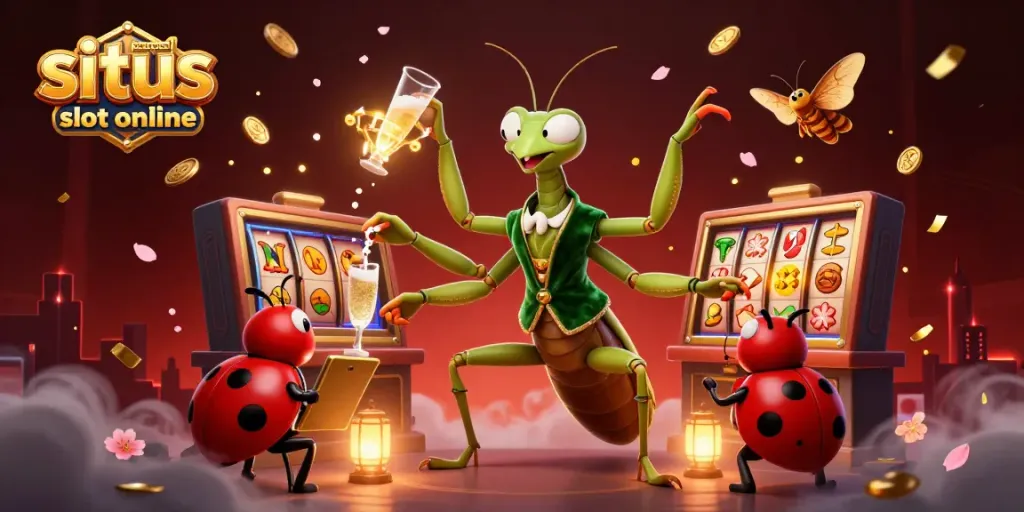 Ilustrasi menunjukkan situs permainan slot online dengan karakter cerdik dan simbol mesin slot yang memukau.