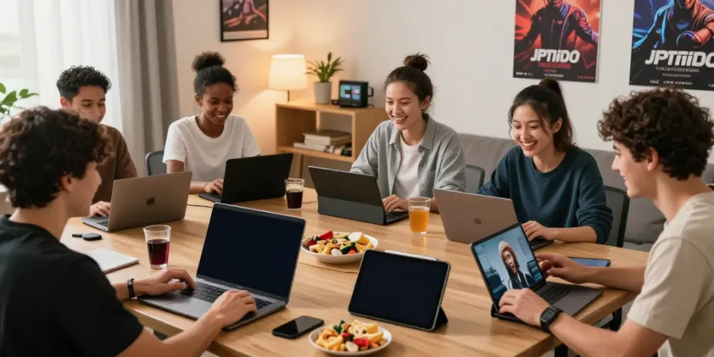 Pengguna JPTOTO bermain game online bersama teman di ruang tamu yang nyaman, menunjukkan suasana ceria dan interaksi sosial.