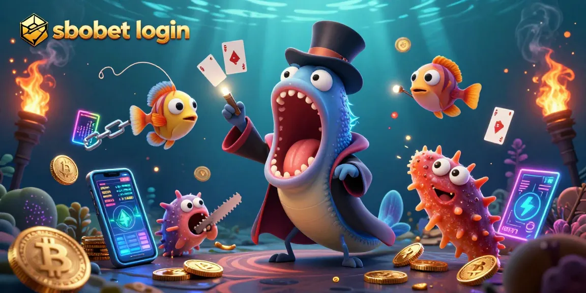 Engage in sbobet login with vibrant 3D digital illustration showcasing gamblers and crypto elements.
