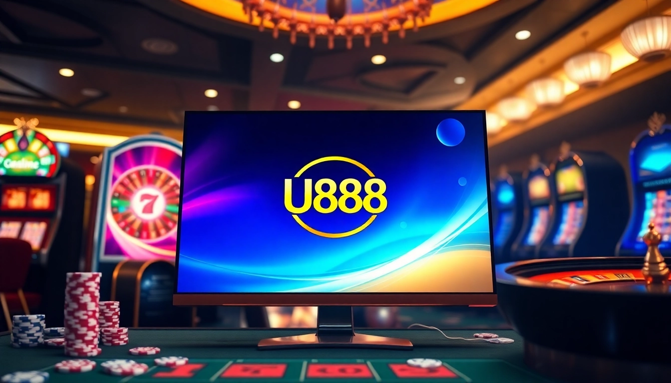 Experience thrilling online gaming with U888 featuring a sleek casino interface and vibrant gambling elements.