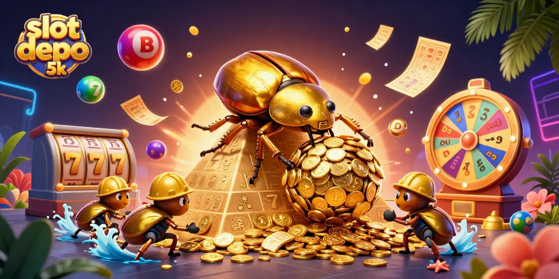 Engage with slot depo 5k's vibrant jackpot scene featuring rolling coins and colorful game elements.