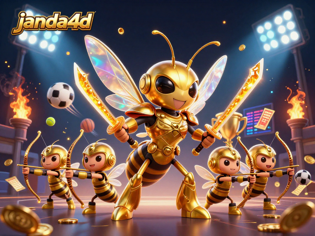 Experience janda4d with a vibrant illustration of a samurai hornet and bee archers, engaging in dynamic sports betting.