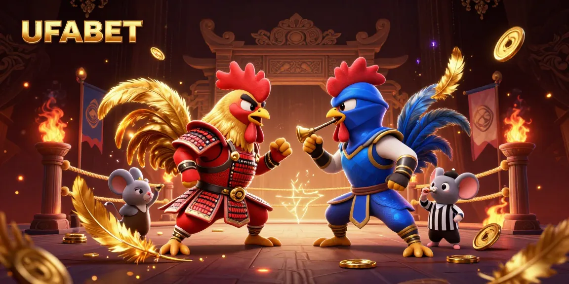 UFABET featuring twin fighting roosters in a dynamic gambling arena with stunning visual effects.