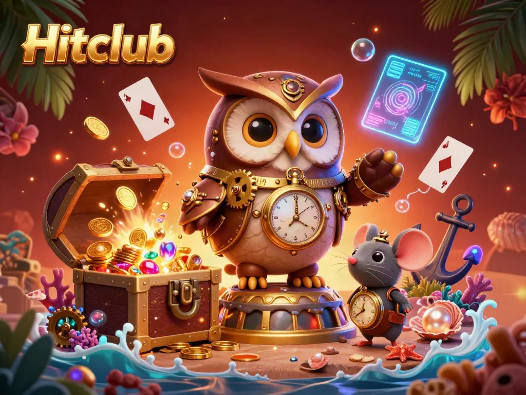 Experience Hitclub's vibrant gaming world featuring a time-traveling owl, gold treasures, and casino excitement.