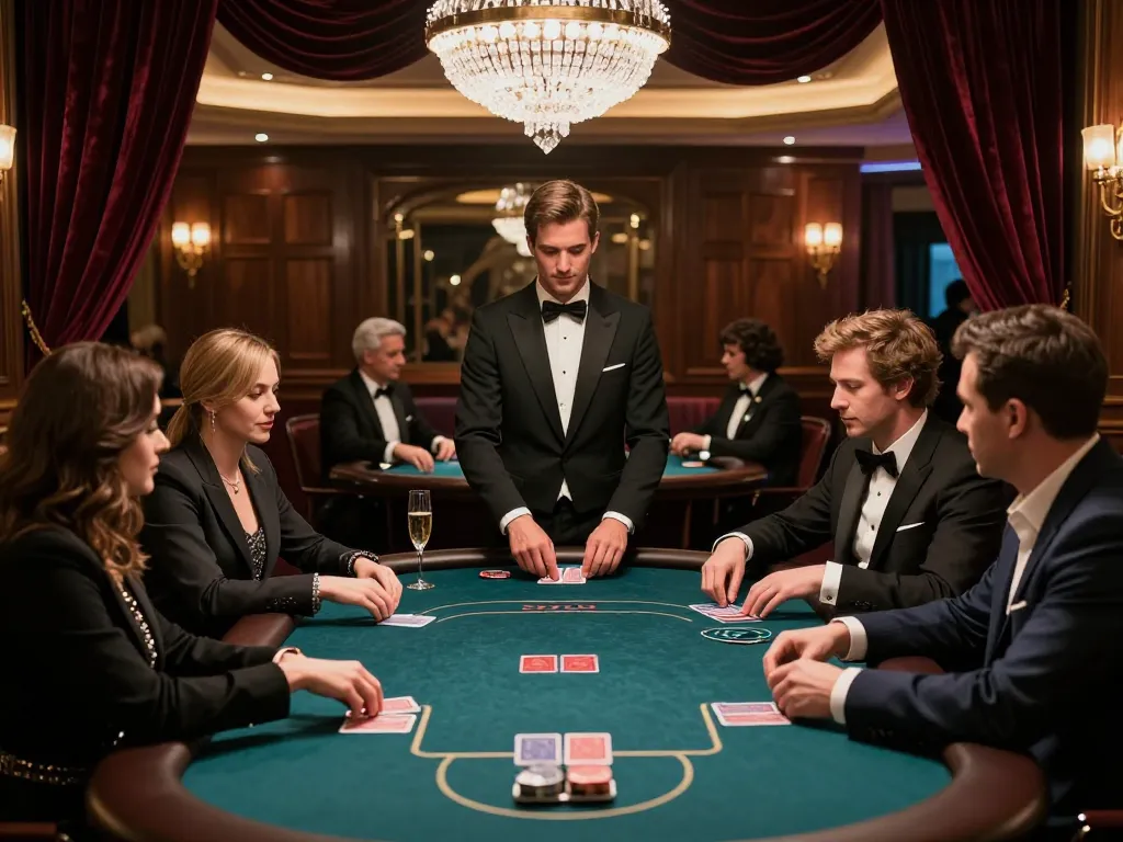 An engaged poker game session in a luxurious setting, showcasing g28-t1 players strategizing with professional dealers