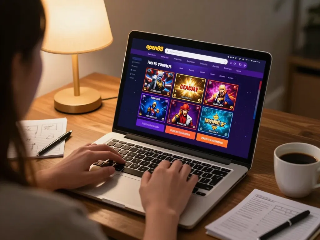 Engaged player enjoying open88 online gambling interface at home