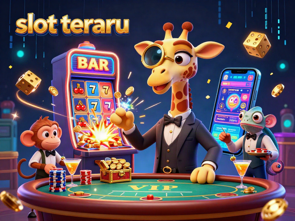 Win big with slot terbaru at a vibrant casino scene featuring cartoon characters and lively game elements.