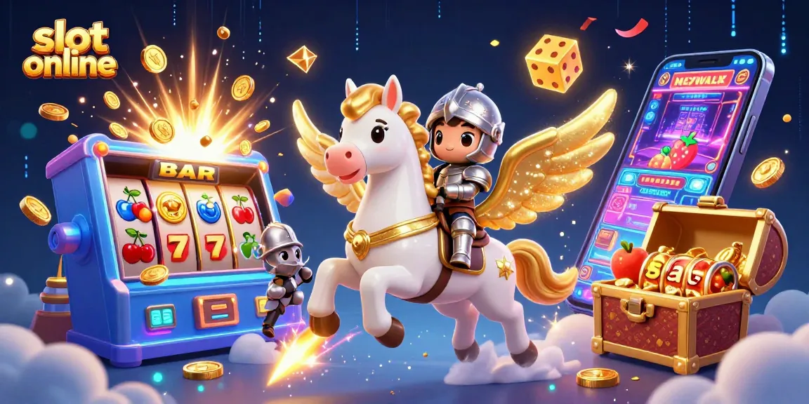 Menang jackpot di slot online dengan 3D kuda langit dan kesatria.