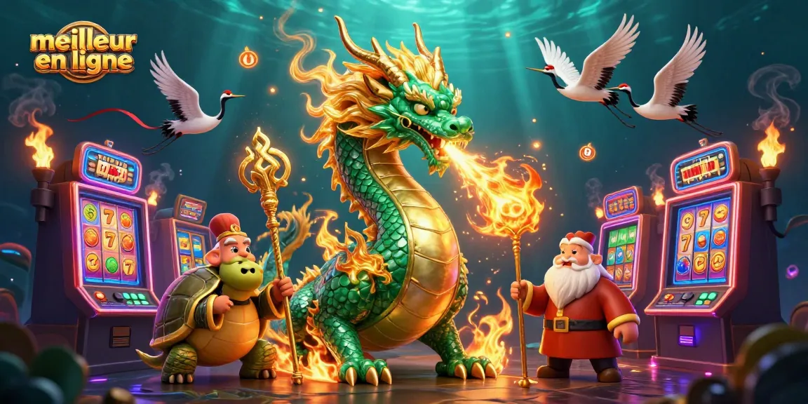 Illustration captivante du meilleur casino en ligne avec dragon, sage et grues porte-bonheur.