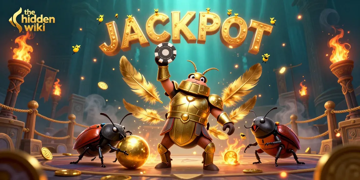 The hidden wiki showcases a victorious beetle character amidst shimmering casino elements and a dynamic jackpot scene.