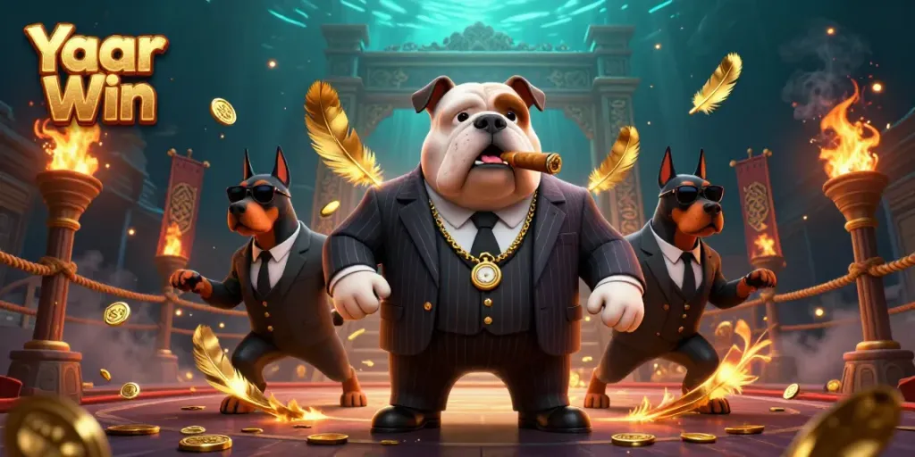 Experience the thrill of Yaar Win with a dynamic scene featuring a cartoon mafia boss and bodyguard Dobermans surrounded by casino elements.