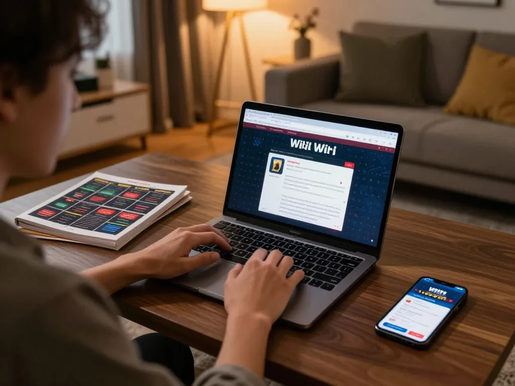 The hidden wiki interface accessed by a focused player at home during an online gaming session, showcasing responsible gambling practices and strategy.