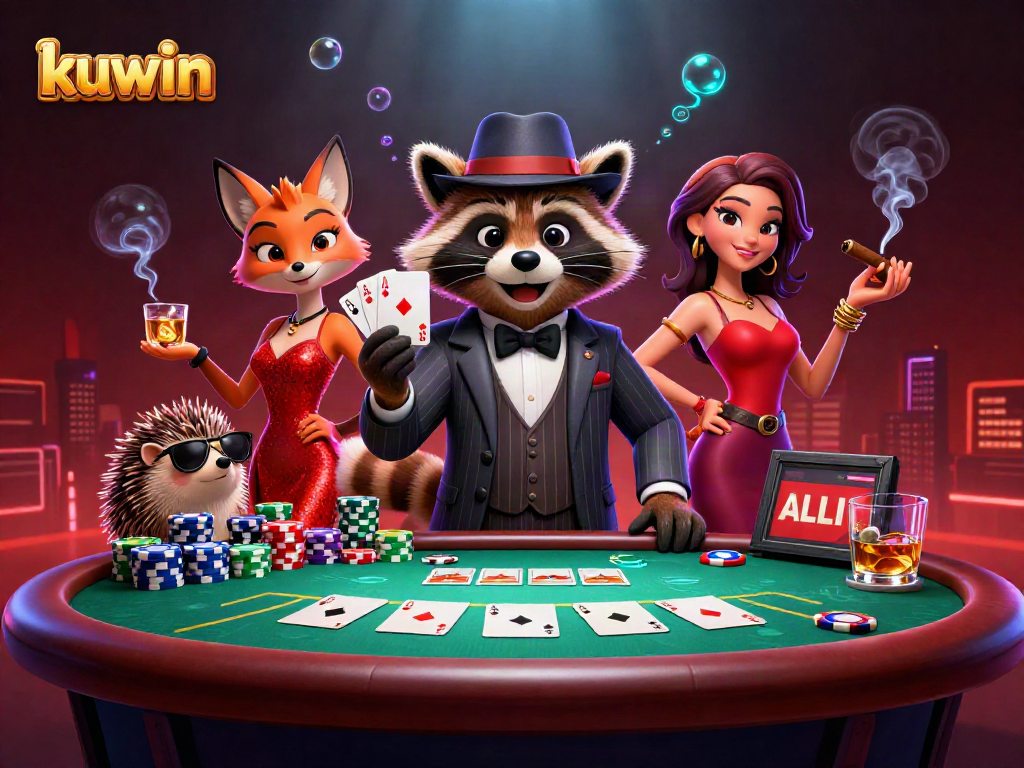 Kuwin gaming scene with a suave raccoon, a fox lady, and a hedgehog bouncer at a poker table.