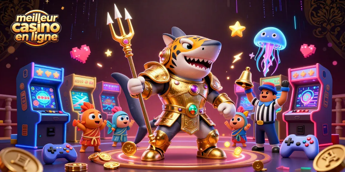 Meilleur casino en ligne avec une scène de jeu dynamique illustrant un requin tigre en armure dorée et des machines à sous colorées.