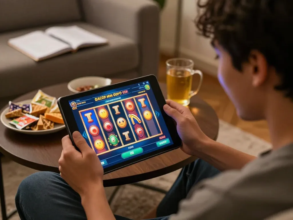 Player enjoying slot gacor min depo 10k gameplay on tablet in a cozy environment.