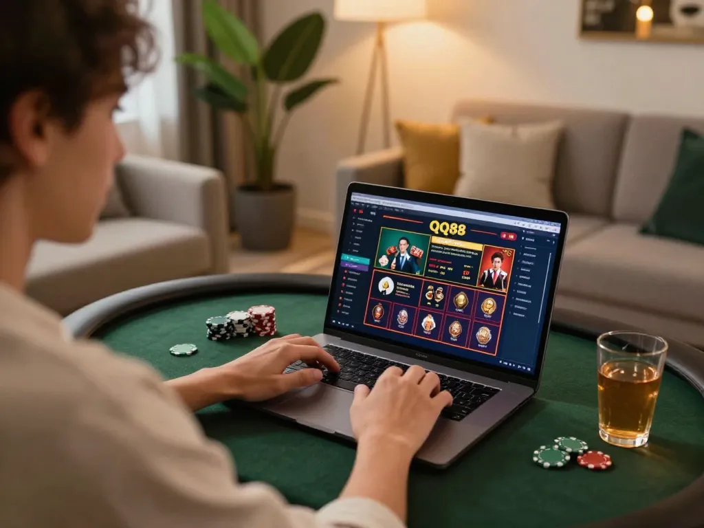 Engaging moment of online gambling at qq88 with player focused on laptop screen showing casino game interface.